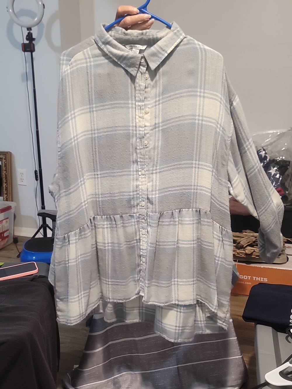 American Eagle Apparel Light Gray and White Plaid Button-Down Shirt